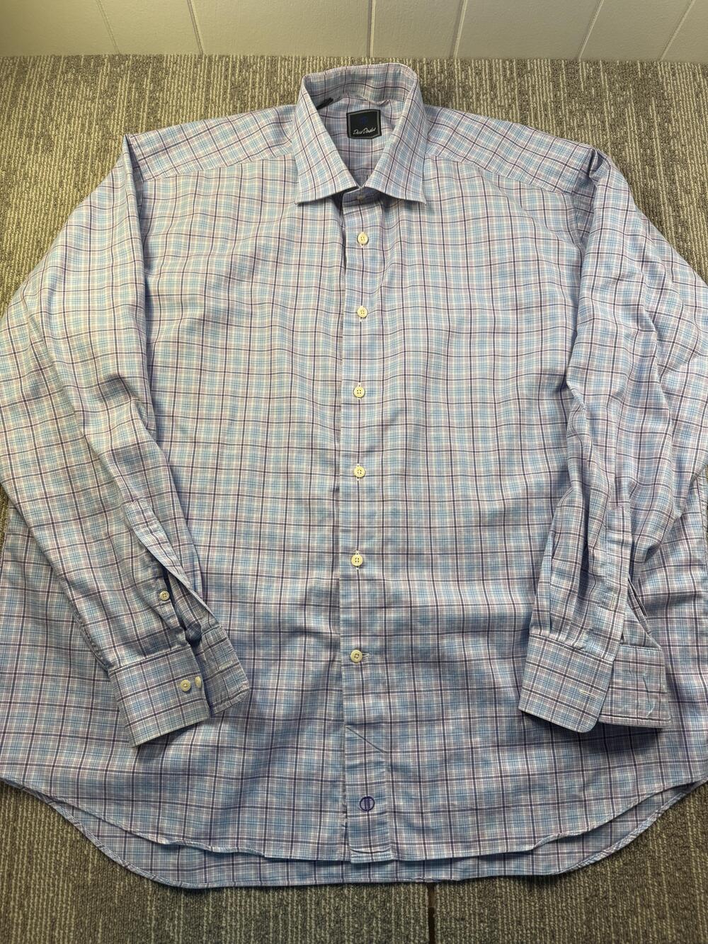 David Donahue Dress Shirt Mens 18.5 36/37 Blue Plaid Classic Fit Cotton LS